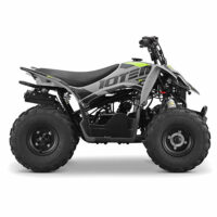 Rear side angle view of the 10Ten 110 RXR Kids Quadbike at Quad Spares. Available to order, showing the rear single shock and drive chain profile.