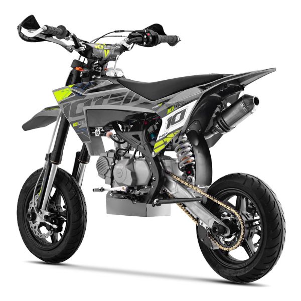 Rear side angle view of 10Ten 140R 140cc supermoto bike from Quad Spares