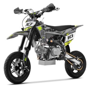 Front side angle view of 10Ten 140R 140cc supermoto bike from Quad Spares