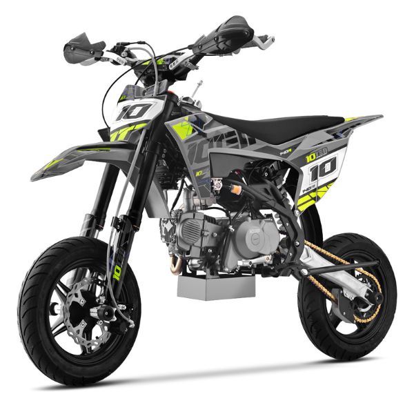 Front side angle view of 10Ten 140R 140cc supermoto bike from Quad Spares