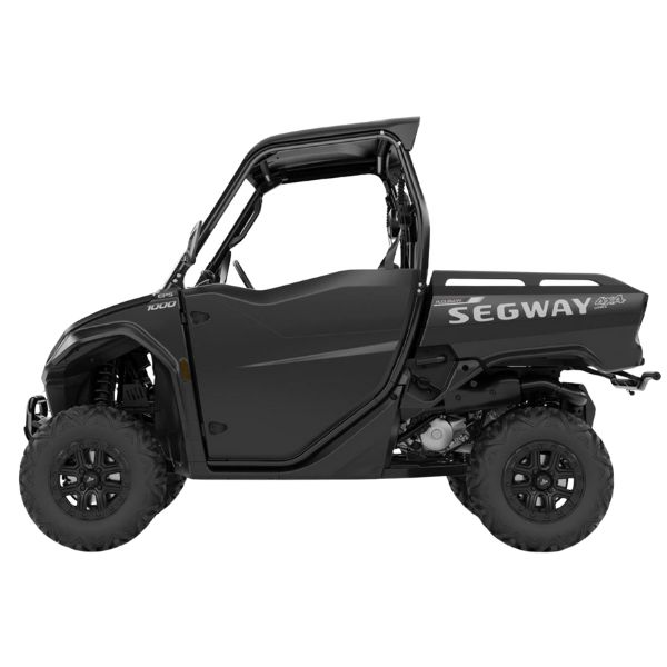 Side view of a Segway Fugleman UT10X Deluxe UTV in Bold Black from Quad Spares, showing its chassis profile and wheels.