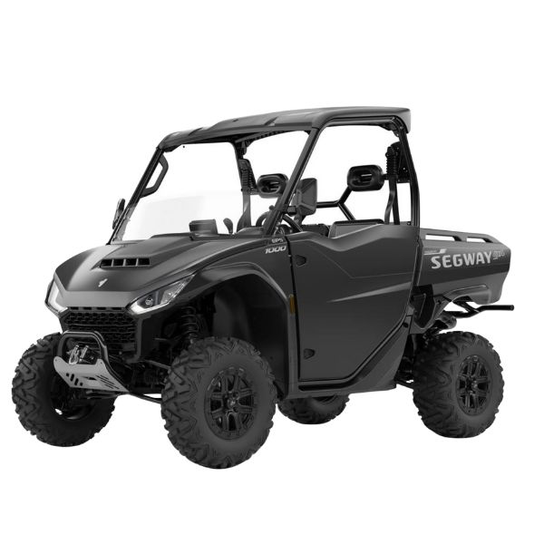 Front angle view of a Segway Fugleman UT10X Deluxe Black UTV from Quad Spares, showing its aggressive stance and grille.