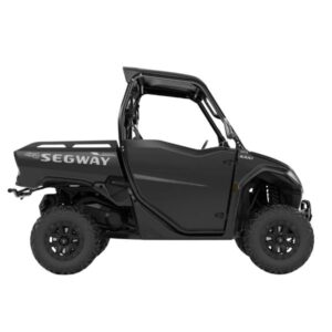 Side view from the opposite side of a black Segway Fugleman UT10X Deluxe UTV, showing its side panels and cargo bed area.
