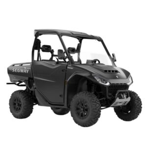 Front angle view from the opposite side of a black Segway Fugleman UT10X Deluxe UTV, showing its front tire and side doors.
