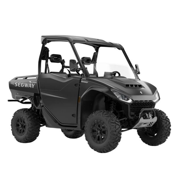 Front angle view from the opposite side of a black Segway Fugleman UT10X Deluxe UTV, showing its front tire and side doors.