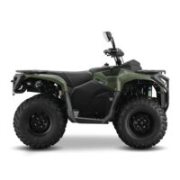 10ten 300u t3 angled side view forest green Angled side three quarter view of 10TEN 300U-T3 Forest Green utility farm quad bike at Quad Spares