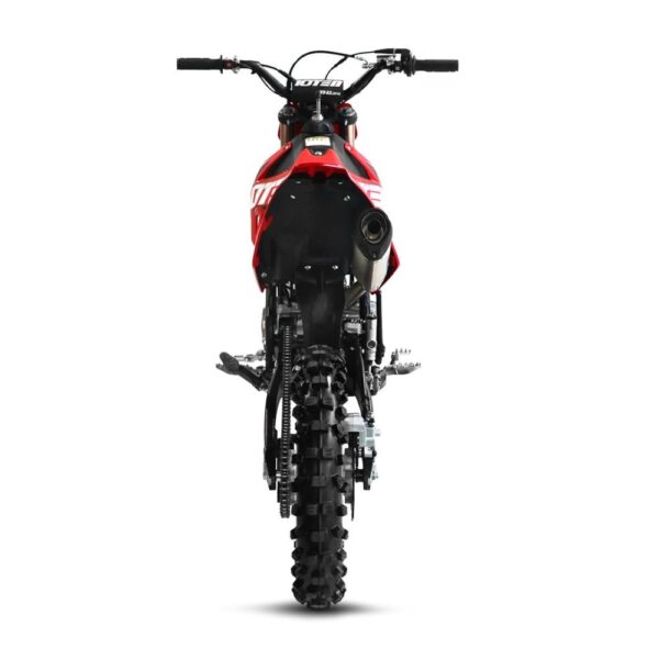 The 10TEN JHL LK140 dirt bike highlighting the wide rear knobby motocross tyre and performance aluminium exhaust silencer