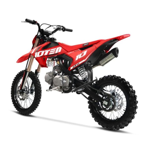 The 10TEN JHL LK140 140cc pit bike detailing its full chassis proportions big wheel stance and high ground clearance