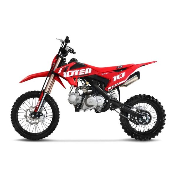 A brand new 10TEN JHL LK140 140cc dirt bike fully assembled and ready for pre delivery inspection checks