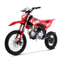 The 10TEN JHL LK140 140cc pit bike showing the aggressive angle of the front mudguard and gold USD suspension forks