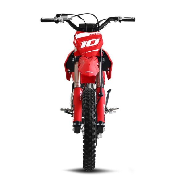 Front view of the 10TEN JHL LK140 140cc pit bike showcasing the wide fat bar handlebars front number plate gold upside down suspension forks and aggressive knobby tread motocross tyre