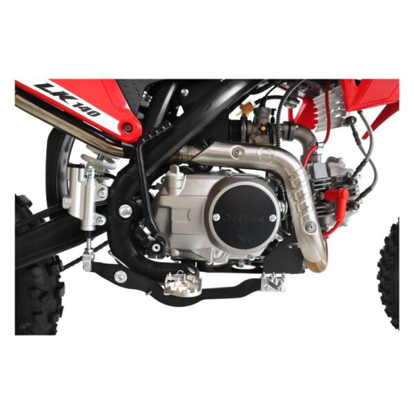 The 10TEN JHL LK140 140cc dirt bike showing the heavy duty drive chain assembly black alloy rims and tall motocross seat height