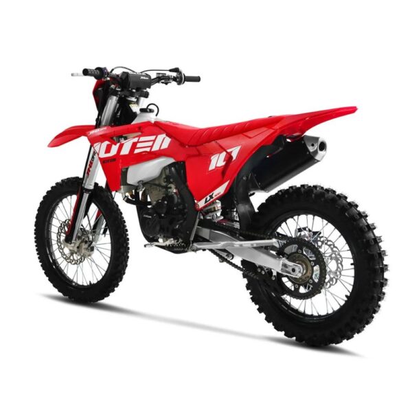 10ten jhl lx300 dirt bike alternative rear angle view quad spares Alternative rear angle view of the 10TEN JHL LX300 dirt bike at Quad Spares showing the drive chain sprocket rear disc brake assembly and exhaust profile from the opposite side