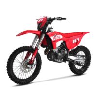 10ten jhl lx300 dirt bike front angle view profile quad spares Front three quarter angle view of the 10TEN JHL LX300 adult dirt bike at Quad Spares showcasing the front wheel alignment mudguard headlight assembly and side fairing graphics