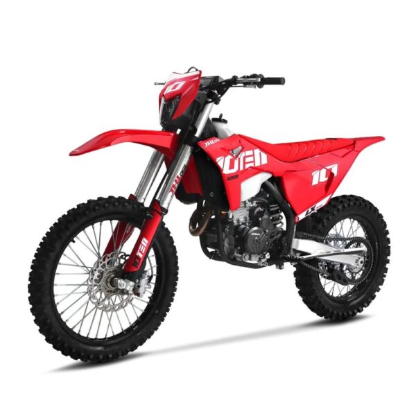 10ten jhl lx300 dirt bike front angle view profile quad spares Front three quarter angle view of the 10TEN JHL LX300 adult dirt bike at Quad Spares showcasing the front wheel alignment mudguard headlight assembly and side fairing graphics