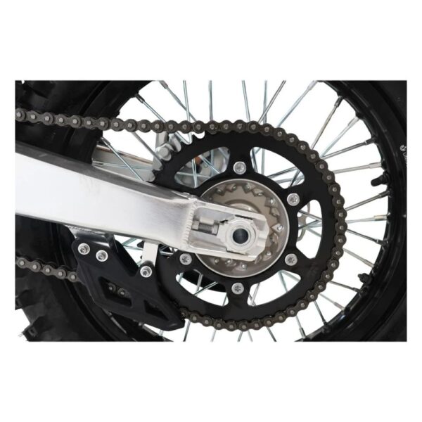 10ten jhl lx300 dirt bike rear sprocket drive chain quad spares Rear wheel assembly of the 10TEN JHL LX300 dirt bike at Quad Spares showing the heavy duty rear drive sprocket high strength gold roller chain alloy wheel hub and hydraulic wave disc brake mechanism